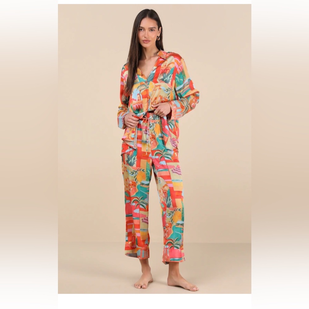 Early Night Orange Multi Print Satin
Two-Piece Pajama Set